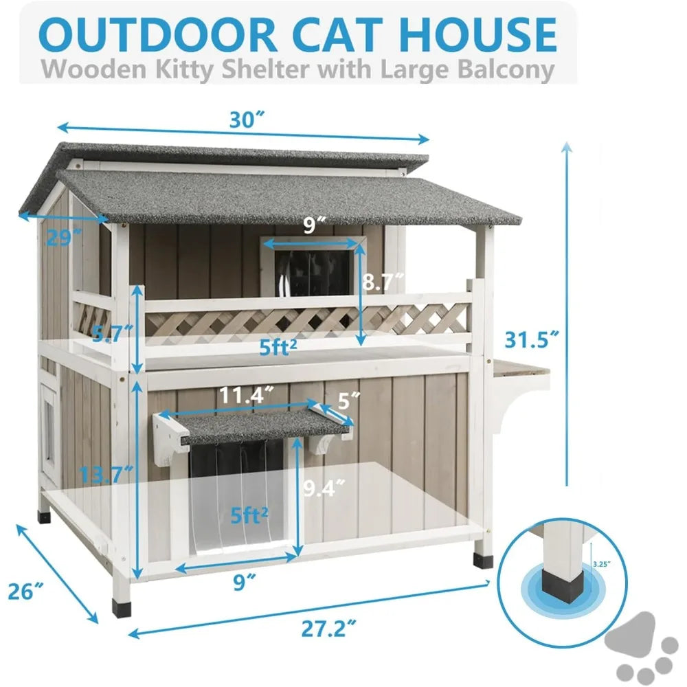 Two Story Outdoor Cat Shelter Wooden House For Feral Cats