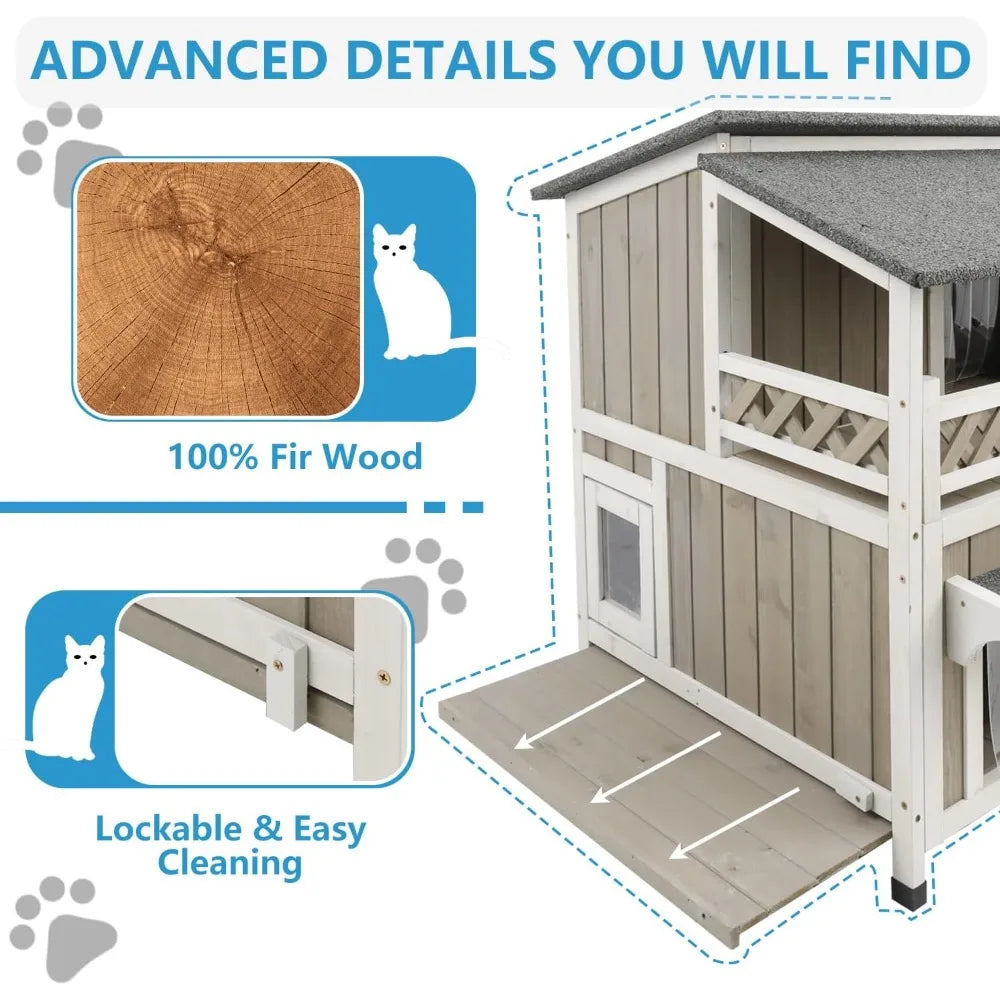 Two Story Outdoor Cat Shelter Wooden House For Feral Cats