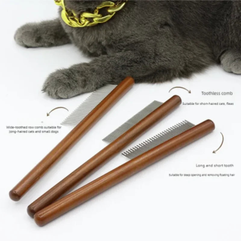 Stainless Steel Cat Comb Wooden Handle Pet Hair Remover