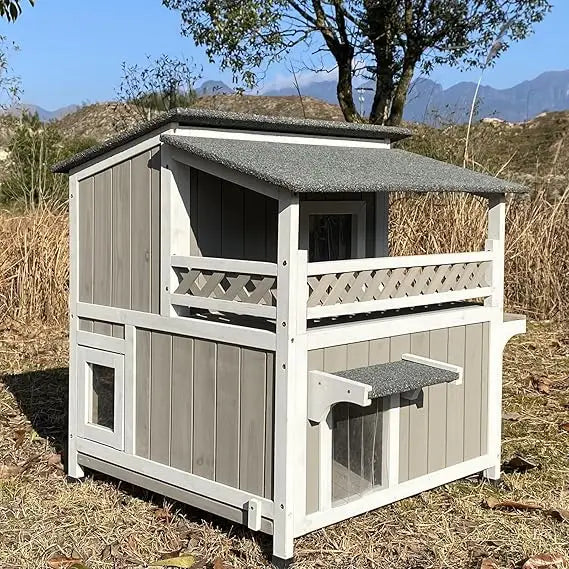 Two Story Outdoor Cat Shelter Wooden House For Feral Cats