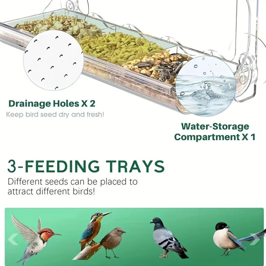 Indestructible Window Bird Feeder With Removable Tray And Suction Cups