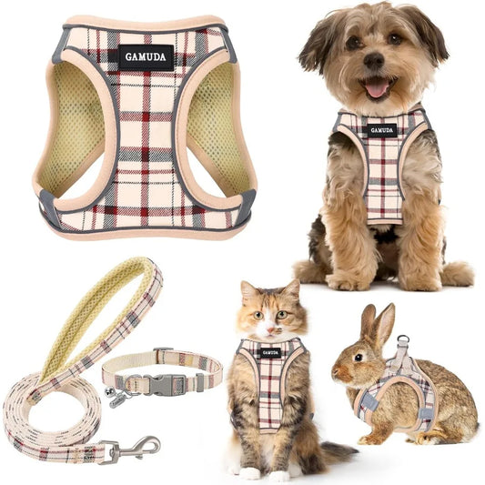 Reflective Plaid Adjustable Mesh Dog Harness And Leash Set