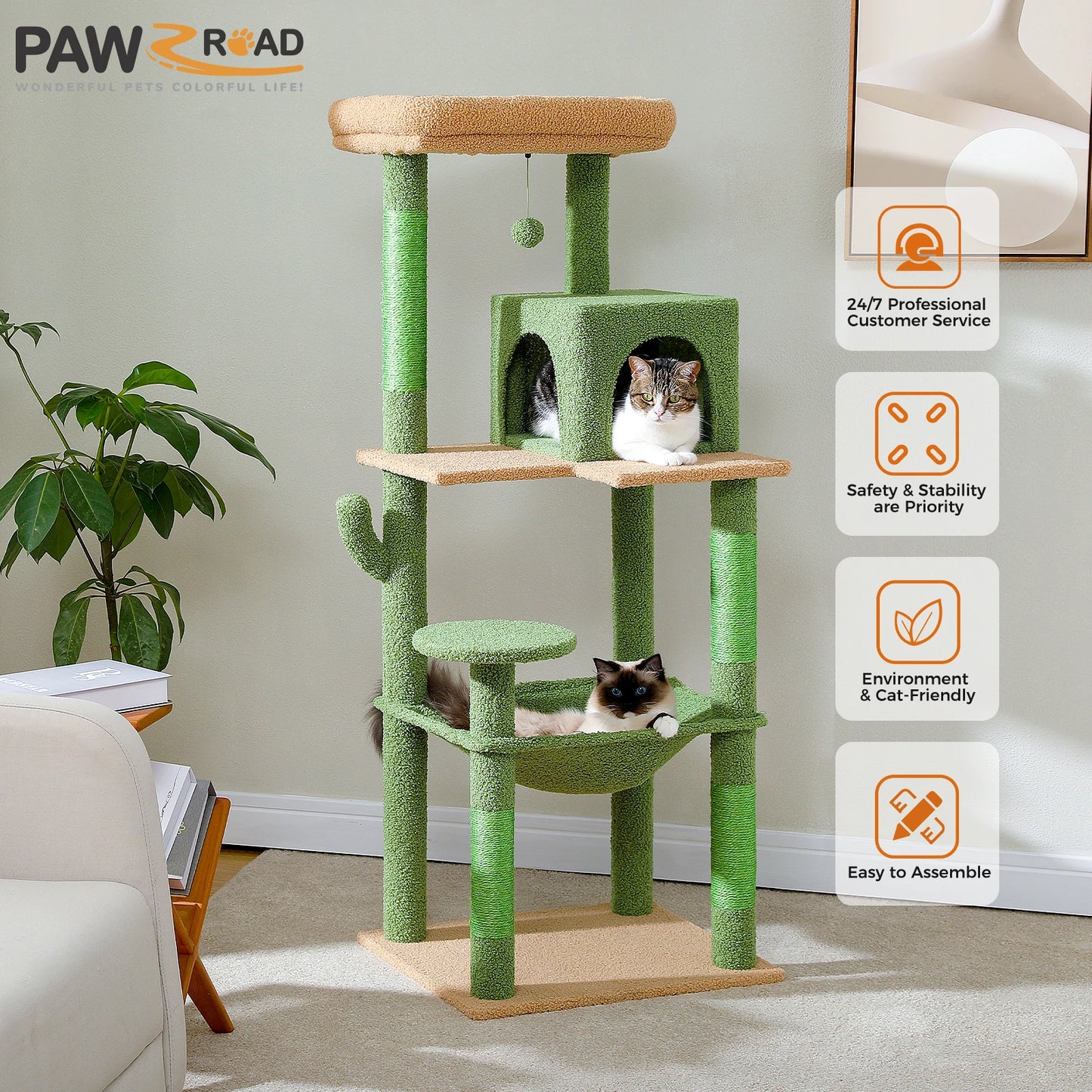 PAWZ Road Cactus Cat Tree Tower With Metal Plush Hammock