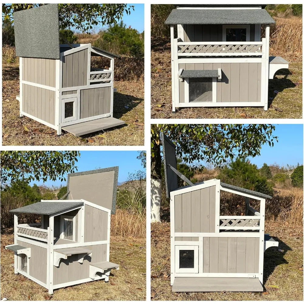 Two Story Outdoor Cat Shelter Wooden House For Feral Cats