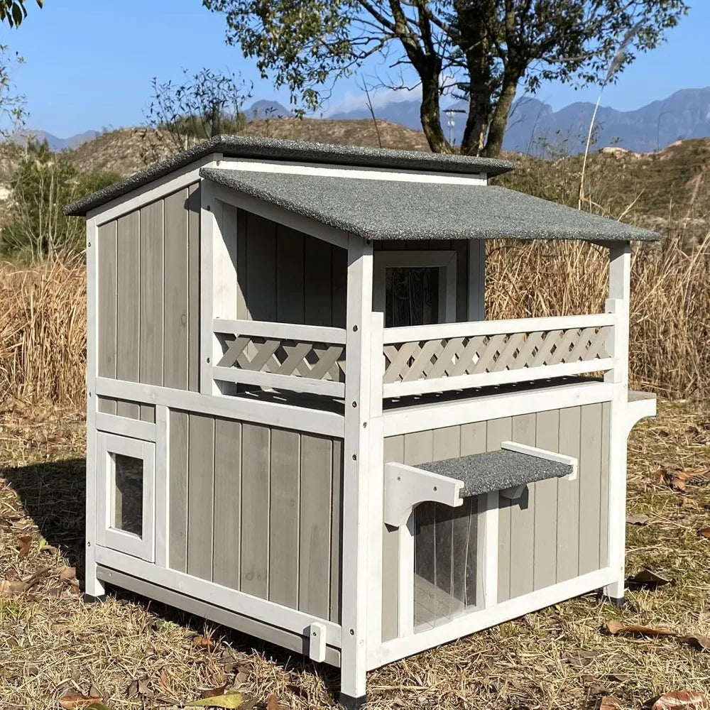 Two Story Outdoor Cat Shelter Wooden House For Feral Cats